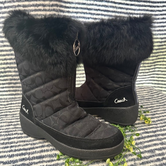 Coach Faith Quilted Monogram Faux Fur Trim Winter Boots Black Zip Front sz 6M - Picture 1 of 9